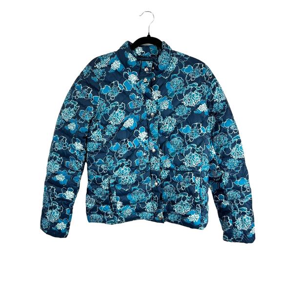 Lands’ End Packable Puffer Women’s S Blue Floral — Apres-Ski Vibes - Picture 1 of 10